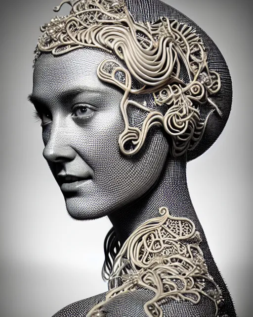 Image similar to bw 3 d render of a beautiful female queen - cyborg - vegetal, intricate fractal ornament in the bust with a very long neck, elegant, highly detailed intricate rococo ornament in her blond long hair, realistic, refined, highly detailed, cinematic outdoor lighting, by flora borsi in the style of dora maar, volumetric lighting, hyper realistic photography