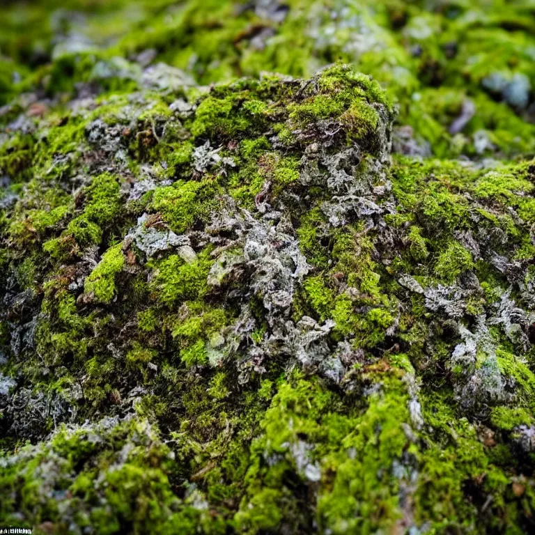 Image similar to a lichens and moss close-up various fungus, mushrooms and plants, inside the picture is infinity, Atmospheric phenomenon, artistic photography, muted colors, conceptual, long exposure outside the city, volumetric light