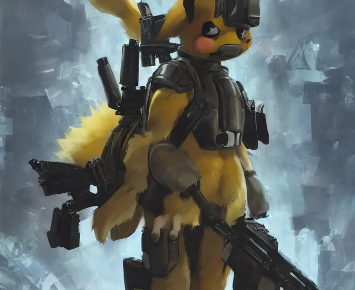 Prompt: detective pikachu from pokemon wearing metal gear armor holding gun dramatic lighting art by brandon anschultz by yoji shinkawa by richard schmid by greg rutkowski by sandra chevrier by jeremy lipking cinematic dramatic brush strokes background