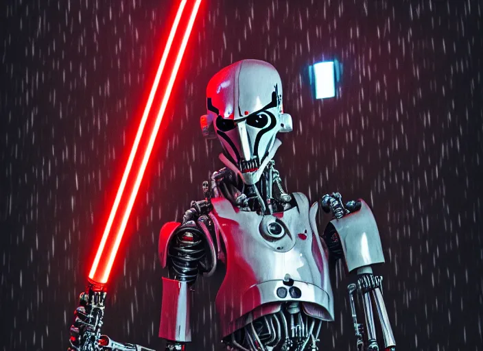 Image similar to 3 5 mm portrait photo of general grievous with heavy duty biomechanical cybernetic body with 4 arms holding 4 activated red lightsabers in the city in the rain. cyberpunk horror style.