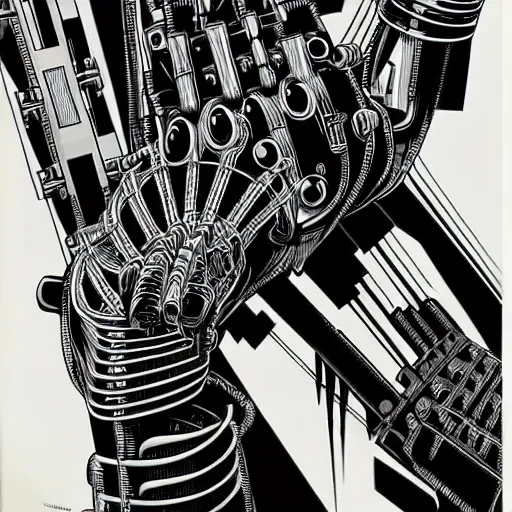 Image similar to cyberborg arm, intricate, veins, by Hugo pratt, ultradetailed