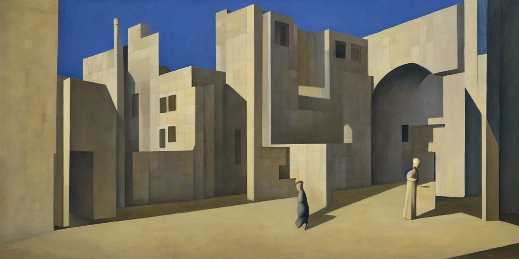 Prompt: brutalist architecture, fantastical courtyard, grant wood, pj crook, edward hopper, oil on canvas