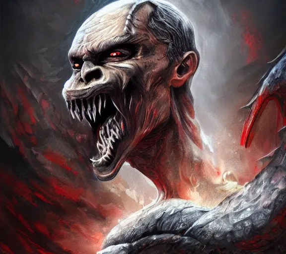 Image similar to vladimir putin as a scary monster in hell, highly detailed, amazing digital art, trending on artstation