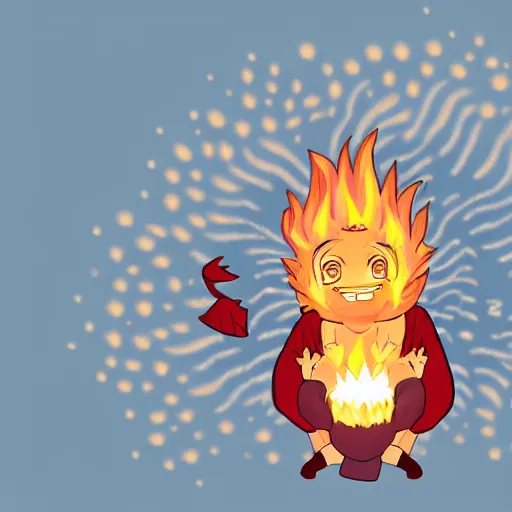 Image similar to fluffy exploding popcorn elemental spirit, in the style of a manga character, with a smiling face and flames for hair, sitting on a lotus flower, white background, simple, clean composition, symmetrical