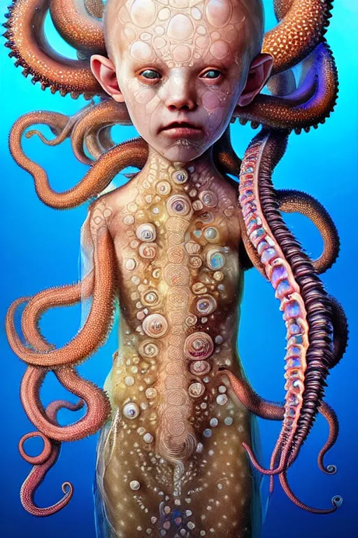 Image similar to A full body shot of a cute young humanoid monster wearing an ornate dress made of opals and tentacles on the ocean floor. Subsurface Scattering. Dynamic Pose. Translucent Skin. Caustics. Prismatic light. defined facial features, symmetrical facial features. Opalescent surface. Soft Lighting. beautiful lighting. By Giger and Ruan Jia and Artgerm and WLOP and William-Adolphe Bouguereau and Loish and Lisa Frank. Fantasy Illustration. Sailor Moon. Masterpiece. trending on artstation, featured on pixiv, award winning, cinematic composition, dramatic pose, sharp, details, Hyper-detailed, HD, HDR, 4K, 8K.