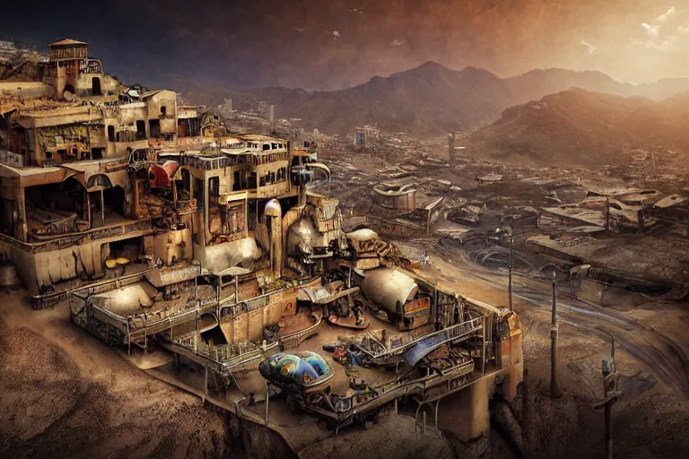 Prompt: favela construction hangar, art nouveau desert environment, industrial factory, cliffs, gloomy, milky way, award winning art, epic dreamlike fantasy landscape, ultra realistic,