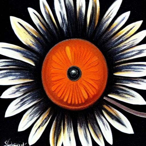 Prompt: black daisy with an orange center, logo, intricate oil painting, high detail illustration, sharp high detail, manga and anime