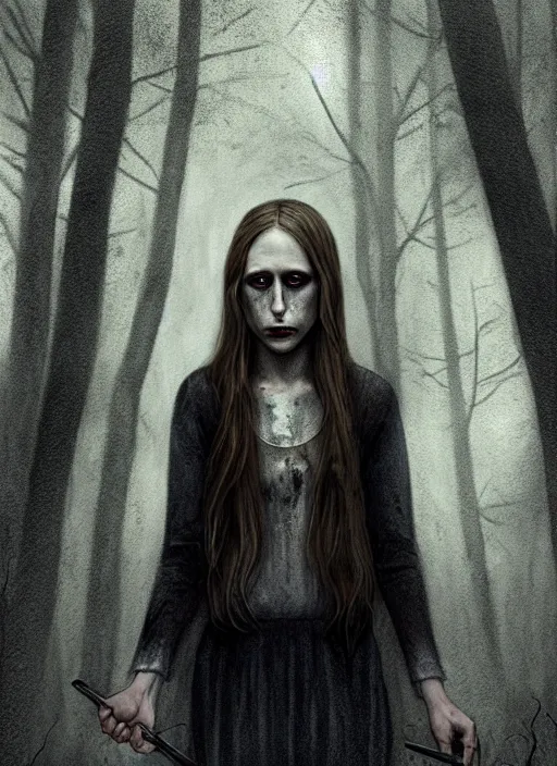 Prompt: gorgeous Taissa Farmiga full body slasher killer holding bloody knife, realistic character concept, spooky, illustration, symmetrical face and body, realistic eyes, cinematic lighting, hyperdetailed, detailed realistic symmetrical eyes, 8k, high resolution, Charlie Bowater, Tom Bagshaw, single face, insanely detailed and intricate, beautiful, elegant, dark forest and trees, vfx, postprocessing