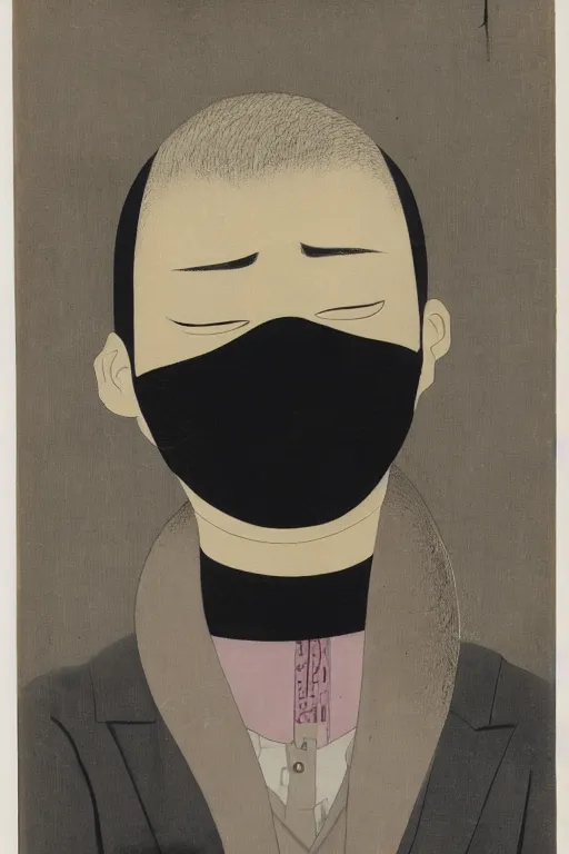 Prompt: portrait of young man wearing black medical mask, style of tsuguharu foujita