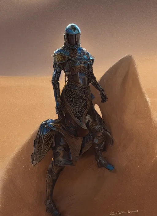 Image similar to a knight in translucent crystal armor in the desert surrounded by sand dunes, greg rutkowski, 8 k, shallow depth of field, intricate detail, concept art,