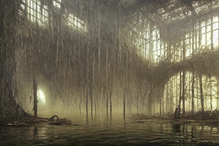 Image similar to flooded overgrown interior of boeing, matte painting, oil painting, by beksinski and giger and rutkovski, photoreal, highly detailed, hd, 8 k