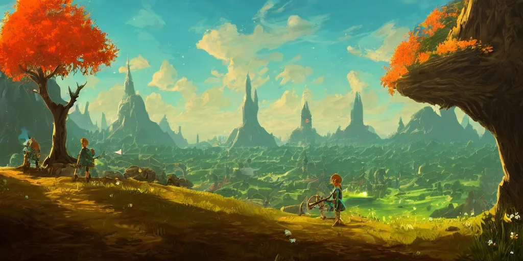 Image similar to a beautiful digital matte painting of a verdant fantasy countryside, breath of the wild, hyrule, inspired by cyril rolando, david wiesner, many golden layers, orange color tone, very far royal steampunk castle, cgsociety, dappled sunlight, trending on artstation, azure sky