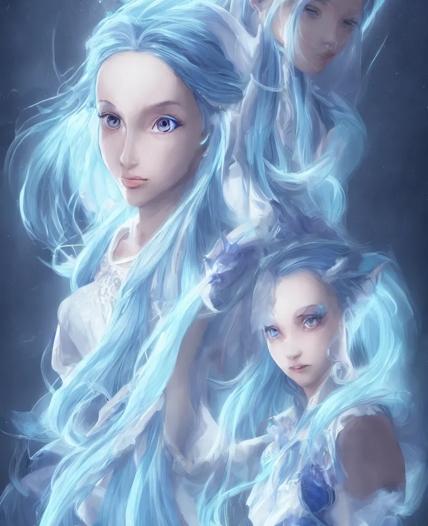 Prompt: A young female wizard with blue hair, in delicate white magical dress + concept art + detailed character portrait