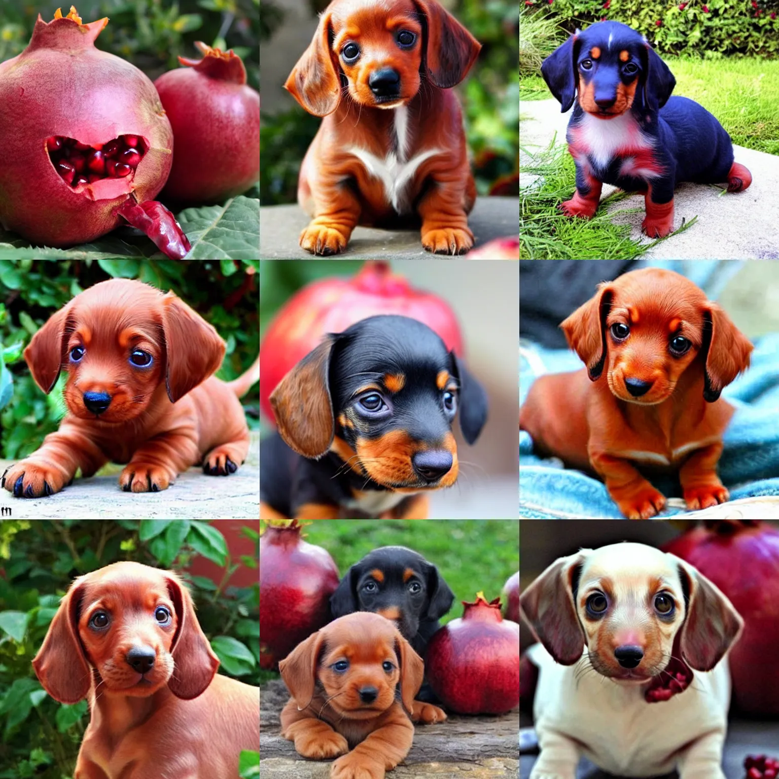 Prompt: dream a hybrid pomegranate that's mostly a dachsund puppy