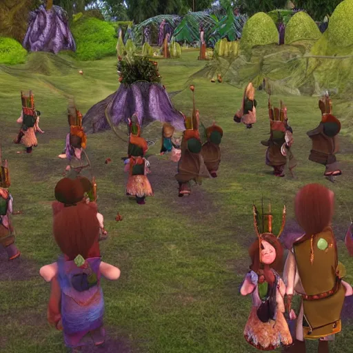 Image similar to a beatiful dwarven festival in a fertile green park with surreal elven nature, lots of gnome children, a gnome rock band concert and dwarven BBQ