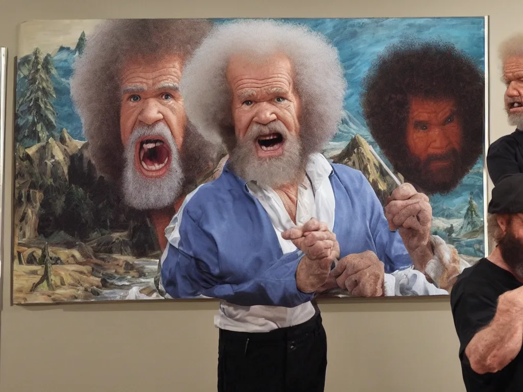 Prompt: old bob ross is sad and angry and yelling at a huge painting by bob ross, clear eyes