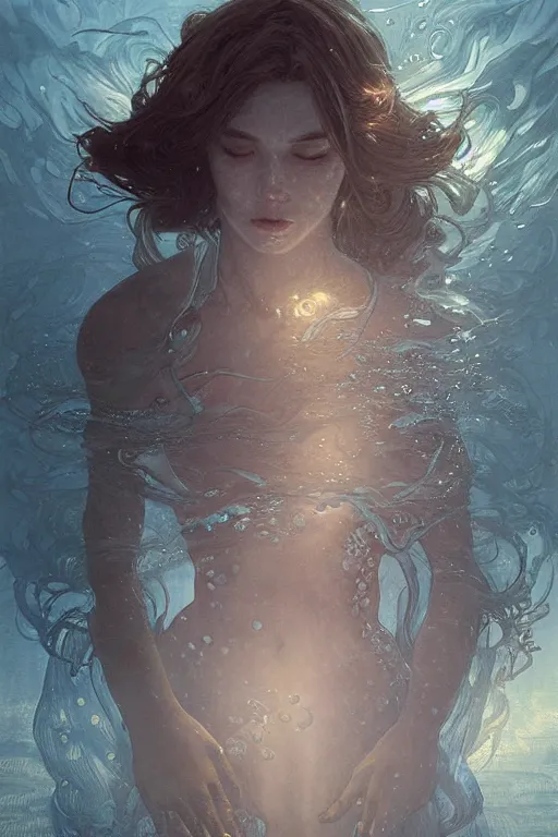 Prompt: hyperdetailed murky underwater portrait of an ice spirit in a robe. by greg rutkowski, highly detailed, digital painting, artstation, smooth, sharp focus illustration, artstation hq. intricate, elegant. art by wlop and artgerm and greg rutkowski, alphonse mucha, medium shot. dan mumford, tomokazu matsuyama, takato yamamoto