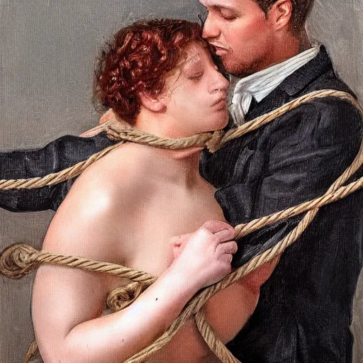 Prompt: stunning portrait of a woman and man bound in ropes burning with desire, hyperrealistic, intense emotion