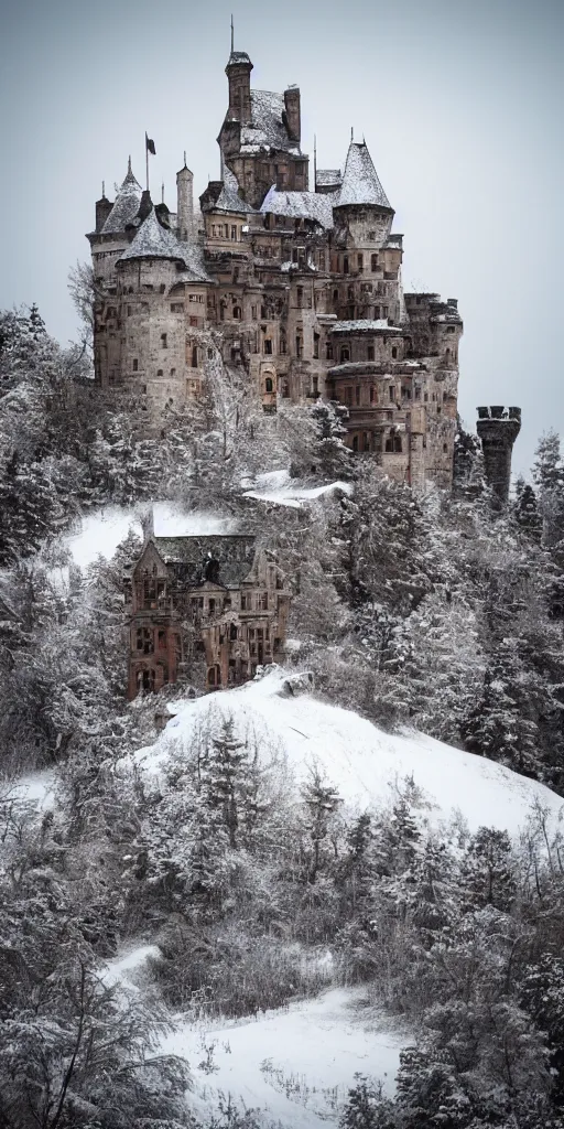 Image similar to a abandoned castle on top of a snowy mountain, 8 k, shallow depth of field, intricate detail, concept art,