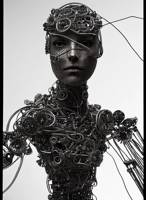 Prompt: a beautiful young female cyborg made of intricate metal flower stems and wire cables, unreal engine, portrait, tintype, side - view, f / 2. 8, black and white, high contrast, 1 6 k, lonely, perfectionism, halfrear lighting, insanely detailed and intricate, hypermaximalist, elegant, ornate, hyper realistic, super detailed