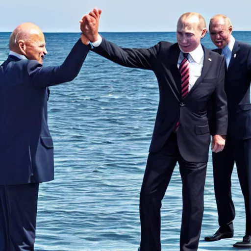 Prompt: biden and putin dancing on the ocean