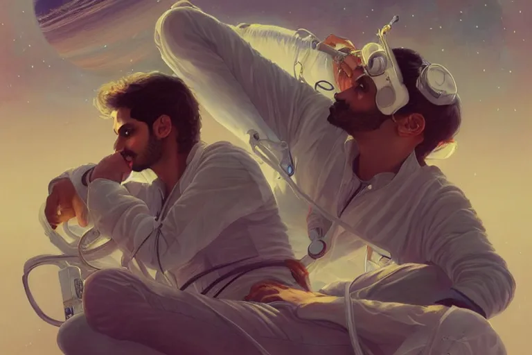 Image similar to Sensual good looking pale young Indian doctors wearing jeans in a space station above Earth, portrait, elegant, intricate, digital painting, artstation, concept art, smooth, sharp focus, illustration, art by artgerm and greg rutkowski and alphonse mucha