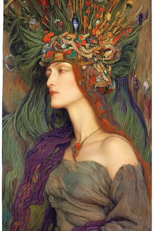 Image similar to queen of spring, by jean delville and Gaston Bussière and Tino Rodriguez and Diego Rivera , elaborate headdress and embroidered velvet, iridescent beetles, rich color, dramatic cinematic lighting, extremely detailed