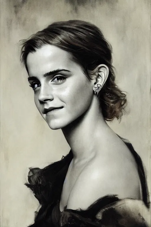 Image similar to emma watson smiling looking away detailed portrait painting by gaston bussiere craig mullins j. c. leyendecker photograph by richard avedon peter lindbergh