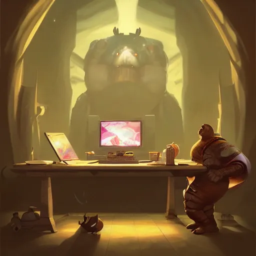 Image similar to a insanely detailed painting of a slightly overweight man wearing a homemade superhero costumed, sitting at a computer desk, nervously and clicking on the mouse, in the style of peter mohrbacher, dramatic lighting and composition, trending on artstation, concept art, comic book