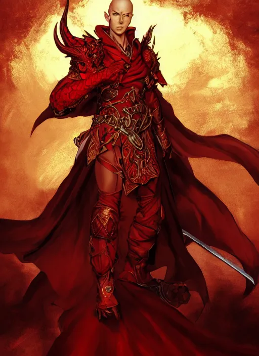 Image similar to Half body portrait of a handsome young red haired elven monk prince with dragon eyes, staff and red and golden ornate dragon robe. In style of Yoji Shinkawa and Hyung-tae Kim, trending on ArtStation, dark fantasy, great composition, concept art, highly detailed.