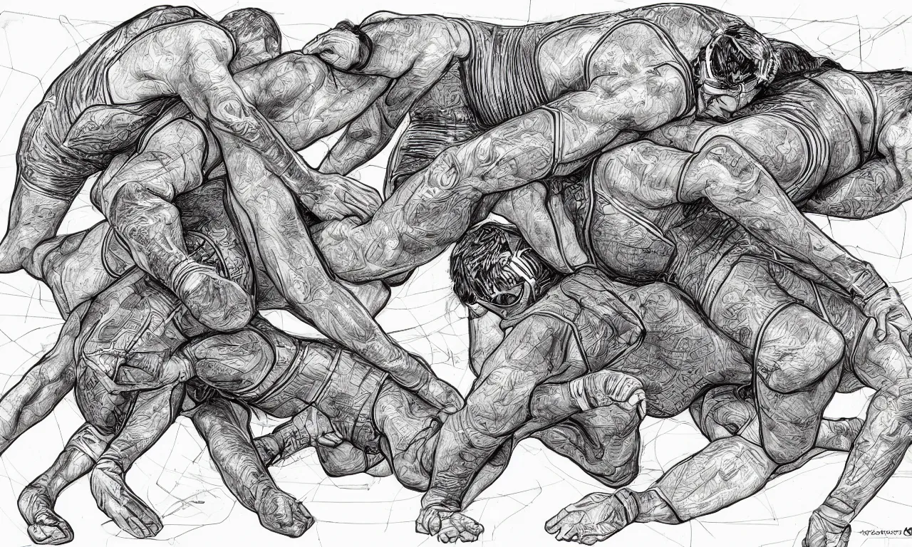 Prompt: annotated highly - detailed and intricate diagram of a wrestling move, marker concept art style rendering, half blueprint, tetrachromacy