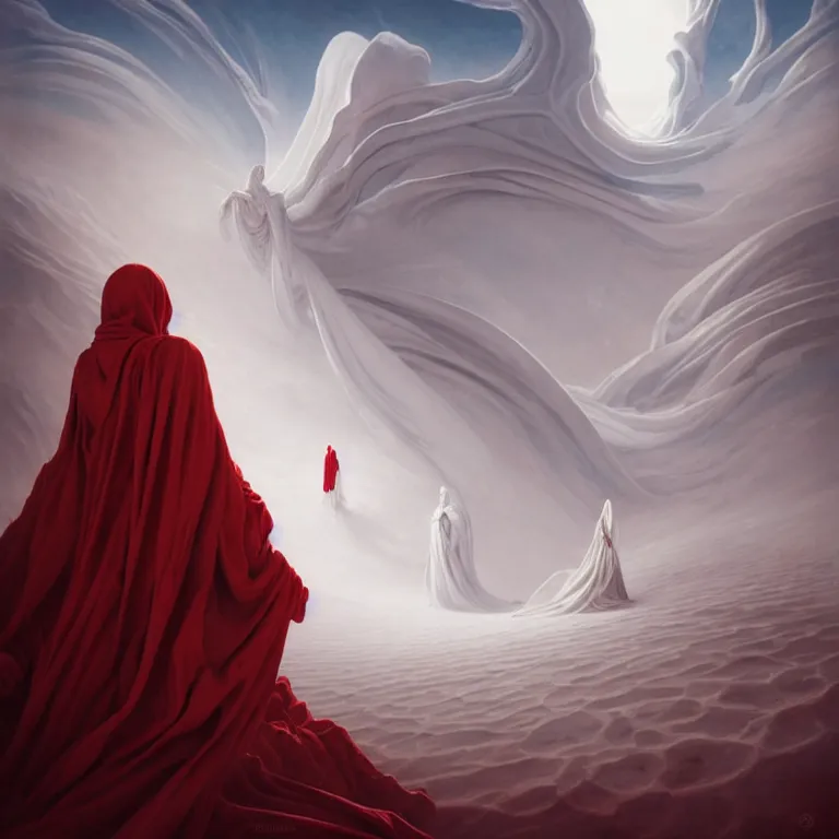 Prompt: one lone singular swirling otherworldly angelic figure shrouded in red robes emerges from extensive barren white dunescape, matte painting by peter mohrbacher and filip hodas, background basilica! sacre coeur, godrays, high contrast, highly detailed