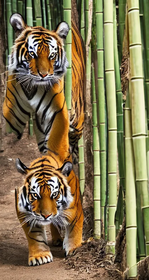 Image similar to a photo of a bengal tiger walking through bamboo towards the camera, looking at the camera, 200mm, canon, f5.6