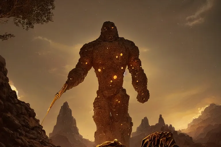 Image similar to giant golem made of stone and crystal, with a gold spear, keeping the entrance of an antic civilisation sanctuary, cinematic light, digital painting by wlop, atmospheric effects, fireflies, 4 k, octane render, artstation, deviantart