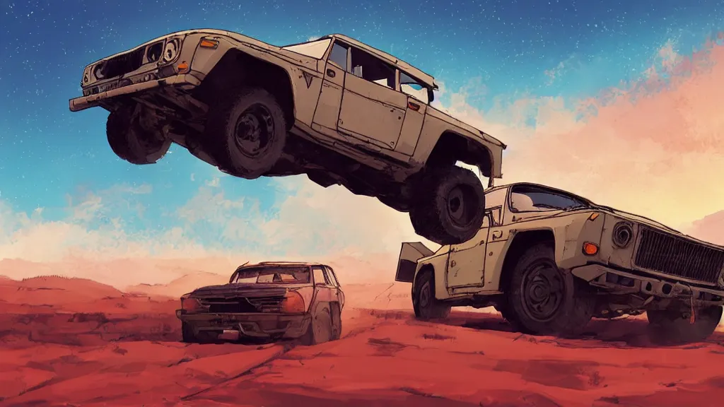 Prompt: digital illustration of mad max's fj 4 0 pursuit special, the last v 8 interceptor driving down a deserted dessert highway in the middle of the day by studio ghibli, anime style, by makoto shinkai, ilya kuvshinov, lois van baarle, rossdraws, basquiat