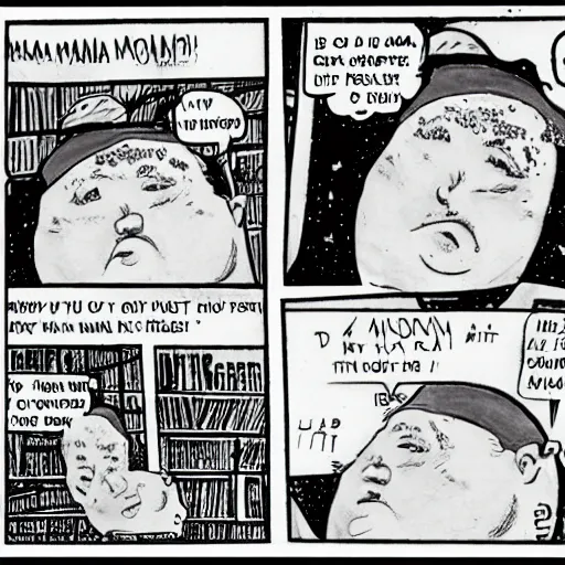 Prompt: your mama is so fat she has her own gravity, comic strip style, pen and ink