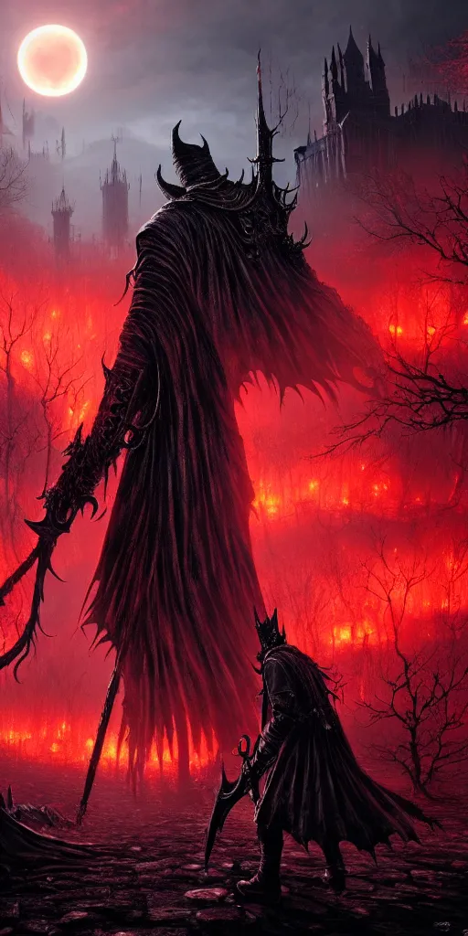 Image similar to populated bloodborne old valley with a dark person at the centre and a ruined gothic city in the background, trees and stars in the background, falling red petals, epic red - orange moonlight, perfect lightning, wallpaper illustration by niko delort and kentaro miura, 4 k, ultra realistic