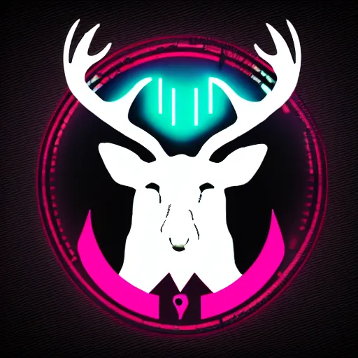 Image similar to logo for evil corporation that involves deer, retro synthwave style, retro sci fi