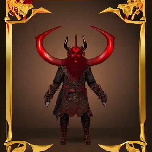 Image similar to dnd render of a man, red, a big black beard, golden eyes, 2 curved horns, one broken horn,