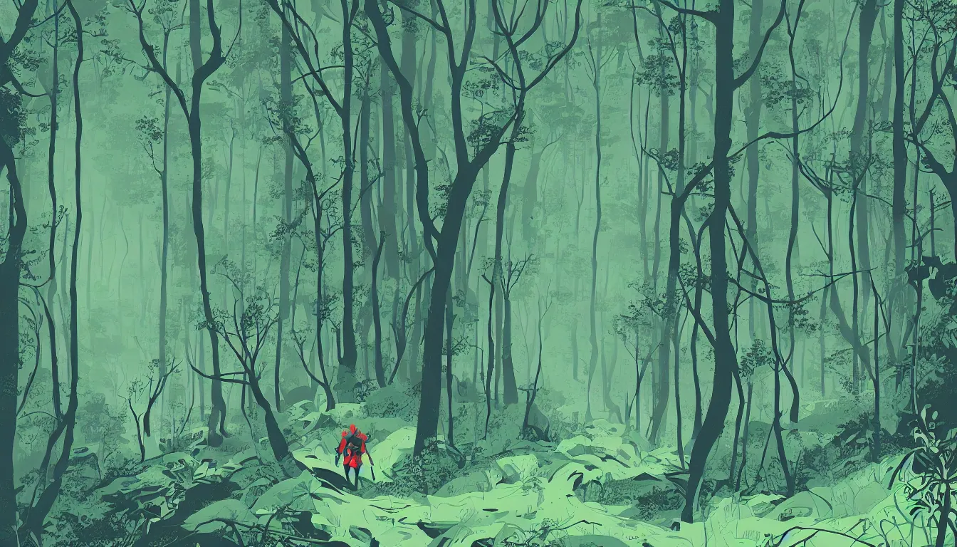 Image similar to hiking through the forest by Kilian Eng, minimalist, detailed