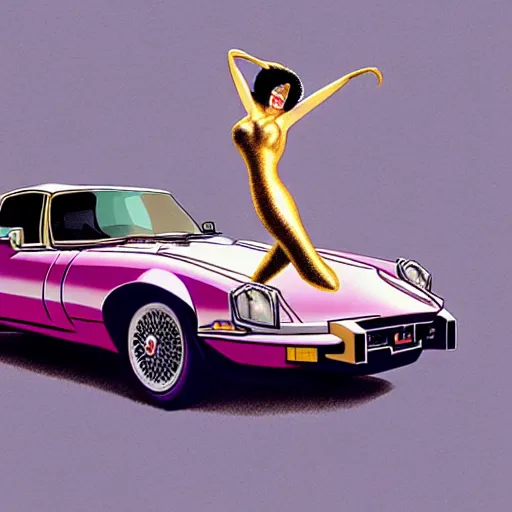 Prompt: a woman with short hair riding a 1 9 8 2 pontiac trans am, jaguar e - type, surreal, art by peter lloyd, 1 9 8 0's art, airbrush style, art by hajime sorayama,, intricate, elegant, sharp focus, illustration, highly detailed, h 8 0 0