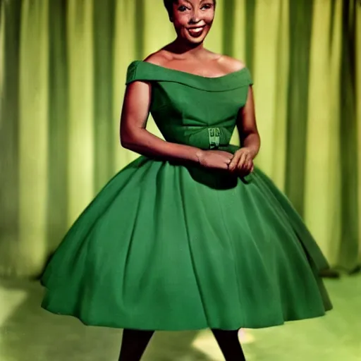 Image similar to colorized photo of a beautiful and elegant 1 9 5 8 black actress in a green gown