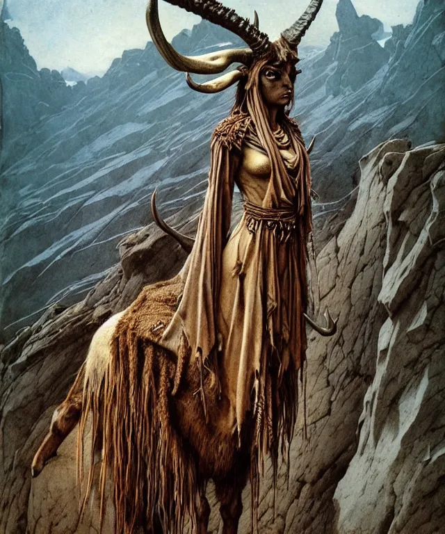 Prompt: A detailed horned antelopewoman stands among the mountains. Wearing a ripped mantle, robe, many rings. Extremely high details, realistic, fantasy art, solo, masterpiece, art by Zdzisław Beksiński, Arthur Rackham, Dariusz Zawadzki