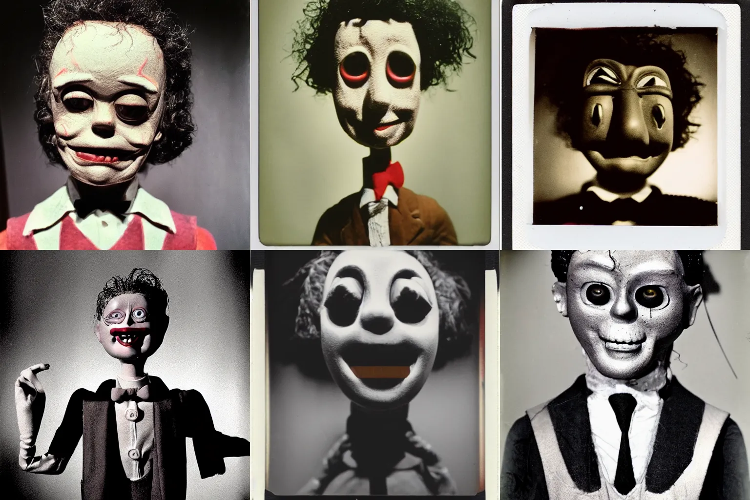 Image similar to A highly detailed head and shoulders masterpiece eerie polaroid of a ventriloquist dummy in eraserhead smiling, horror, scary, terrifying, horrific, nighttime, dimly lit, creepy hd 4k