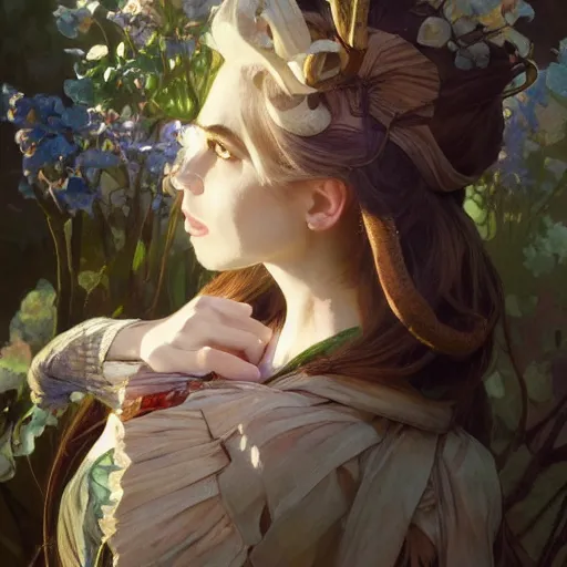 Prompt: portrait of alice in wonderland, dramatic lighting, high detail, painted, by greg rutkowski, painted by stanley artgerm, painted by alphonse mucha, trending on artstation