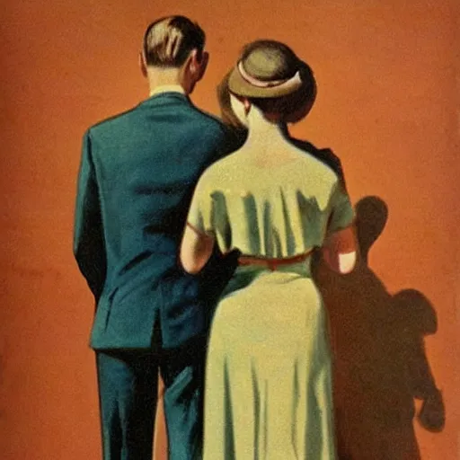 Prompt: “stunning, highly detailed portrait, very detailed, couple, from behind, from side, holding tin can, color vintage magazine illustration 1950”