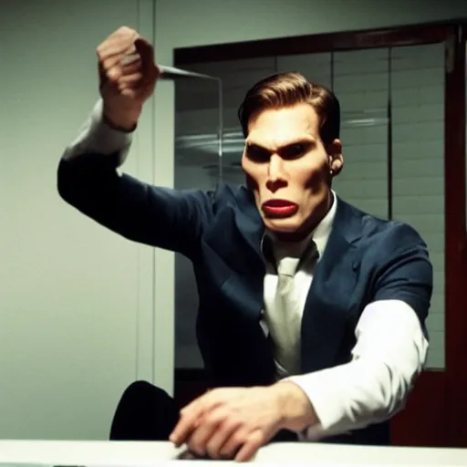 Prompt: Live Action Still of Jerma in American Psycho, real life, hyperrealistic, ultra realistic, realistic, highly detailed, epic, HD quality, 8k resolution, body and headshot, film still