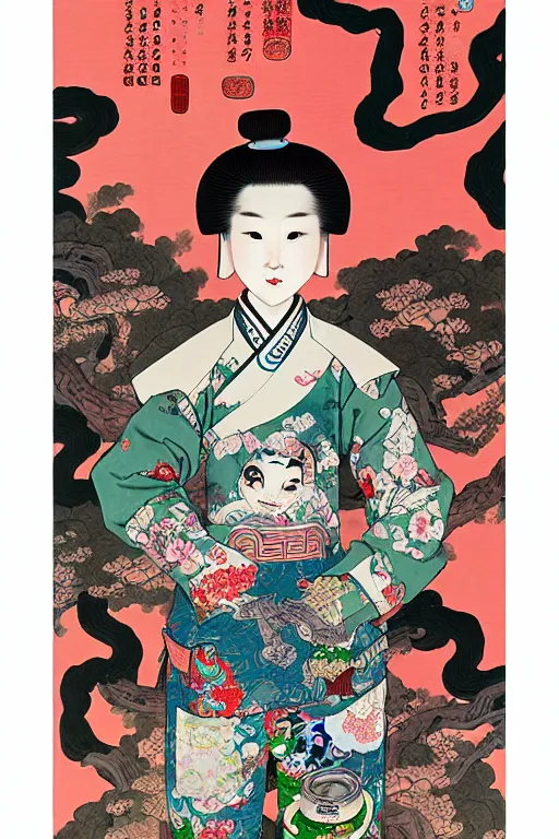 Image similar to full view, from a distance, of anthropomorphic trashcan from the qing dynasty, style of yoshii chie and hikari shimoda and martine johanna, highly detailed