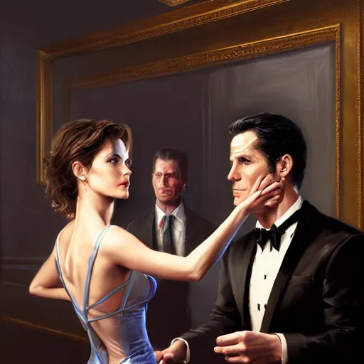 Image similar to daniel gerhartz and artgerm and wlop detailed portrait digital painting of a bruce wayne and selina kyle at a party in a mansion, mansion interior in the background, unreal engine, hyper realism, realistic shading, cinematic composition, blender render, octane render, hdr, detailed textures, photorealistic, 3 5 mm film