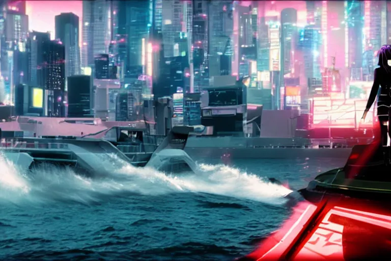 Image similar to Anime Cyberpunk Speedboat going Full speed, movie still, speed, cinematic Panavision 5384 film